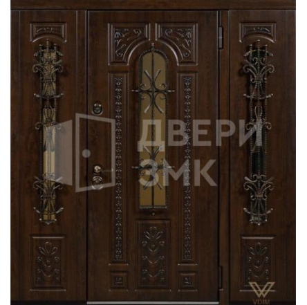 Стальная трехстворчатая витражная дверь с остеклением кованая ВД-13467