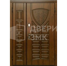 Двойная дверь с отделкой филенчатым МДФ на крыльцо с резьбой ВД-14058